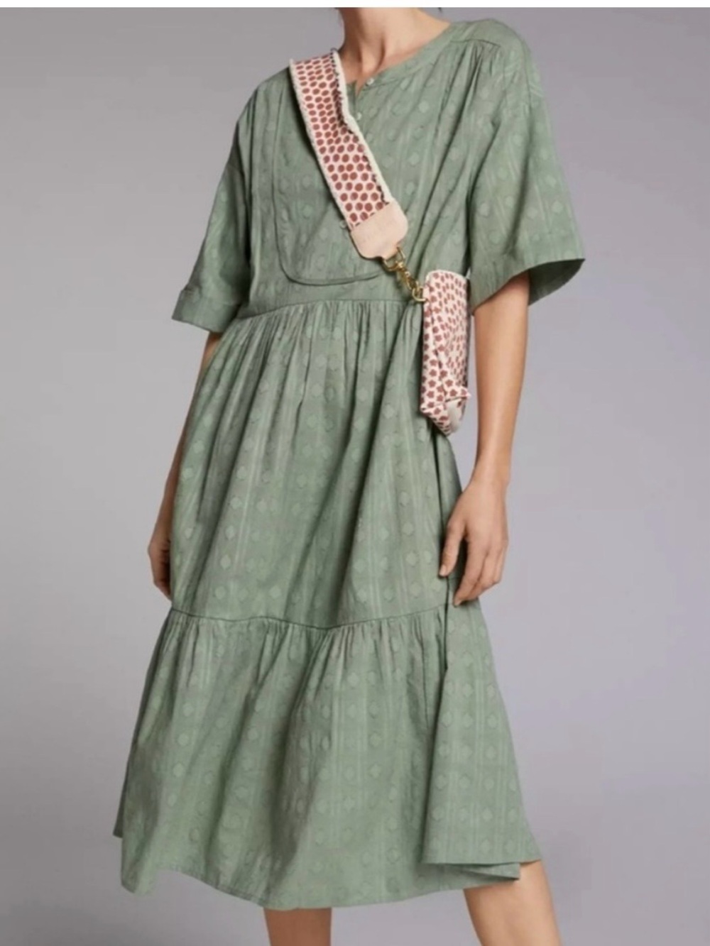 NEW Anthropologie Fern Tiered Sage Green Textured Button Ikat Midi Dress size 3X
